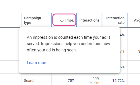 Google Ads Impressions Screenshot