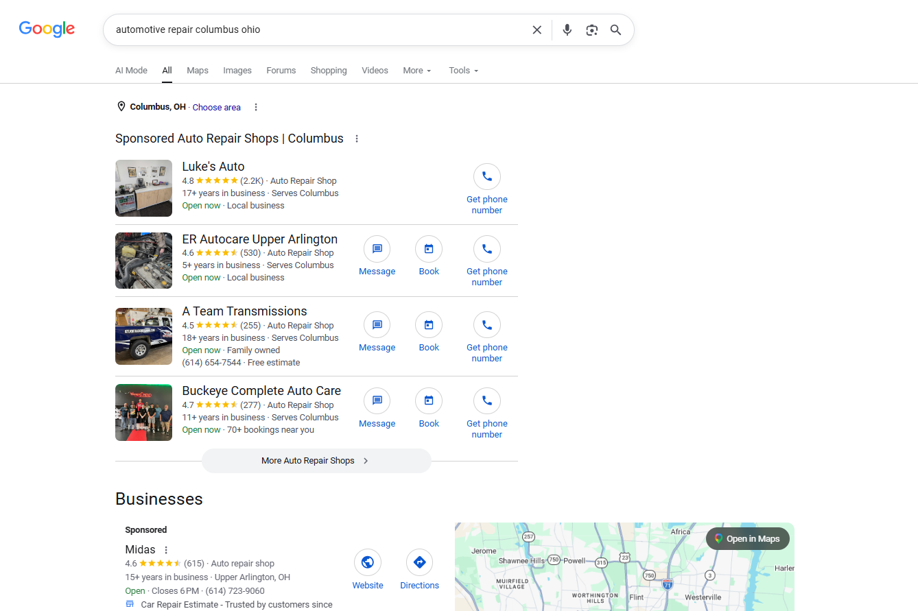 Google search results for auto repair shops